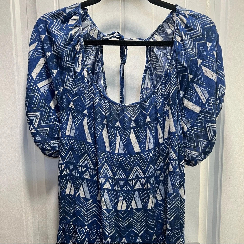 Knox Rose A-Line Blue Geometric Short-Sleeve Midi‎ Dress. Size Large. - Picture 6 of 13